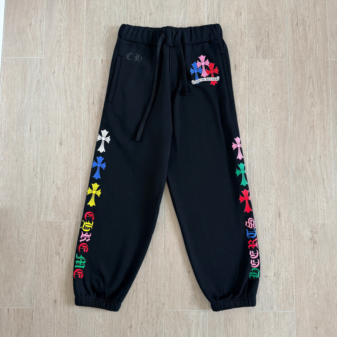 Black chrome hearts sweatpants with colorful crosses