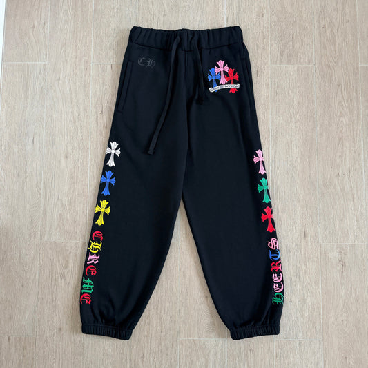 Black chrome hearts sweatpants with colorful crosses