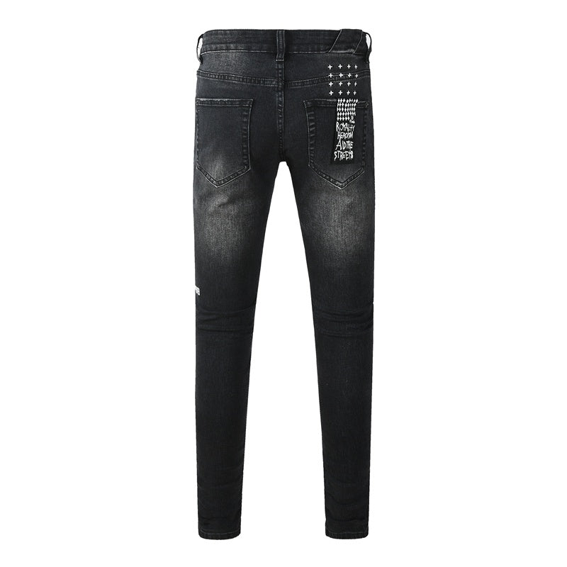 KSUBI denim black distressed skinny jeans red embroidered/screen print  writing