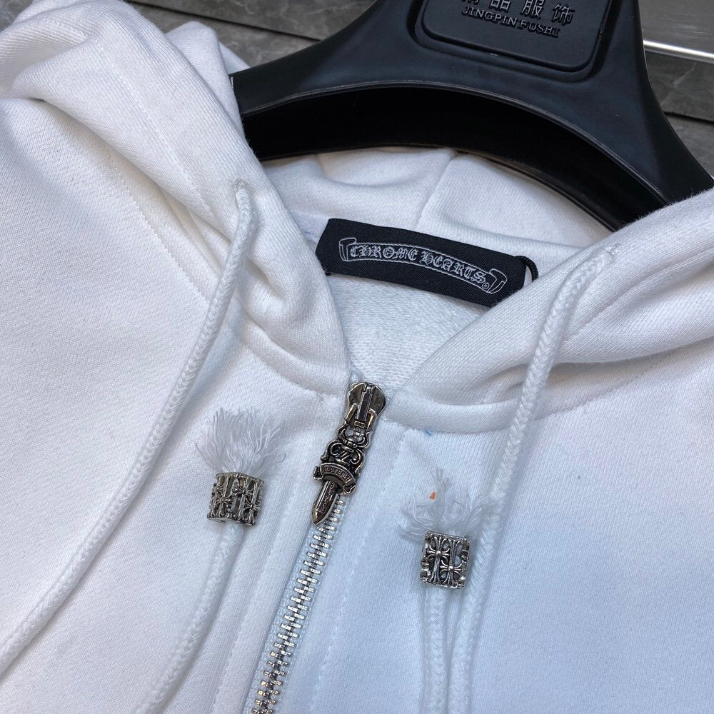 White chrome hearts jacket with colorful crosses