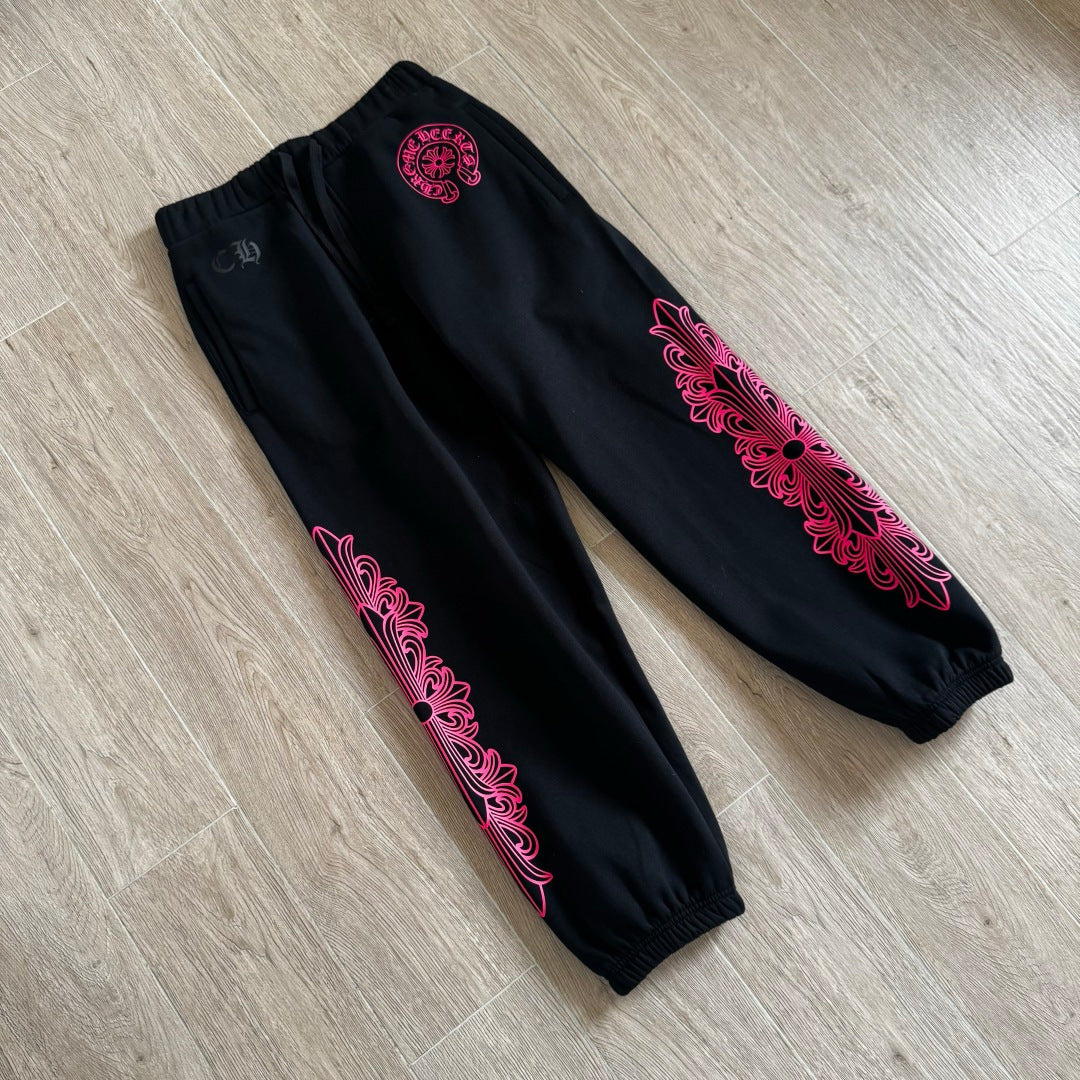 Black and pink chrome hearts sweatpants flared