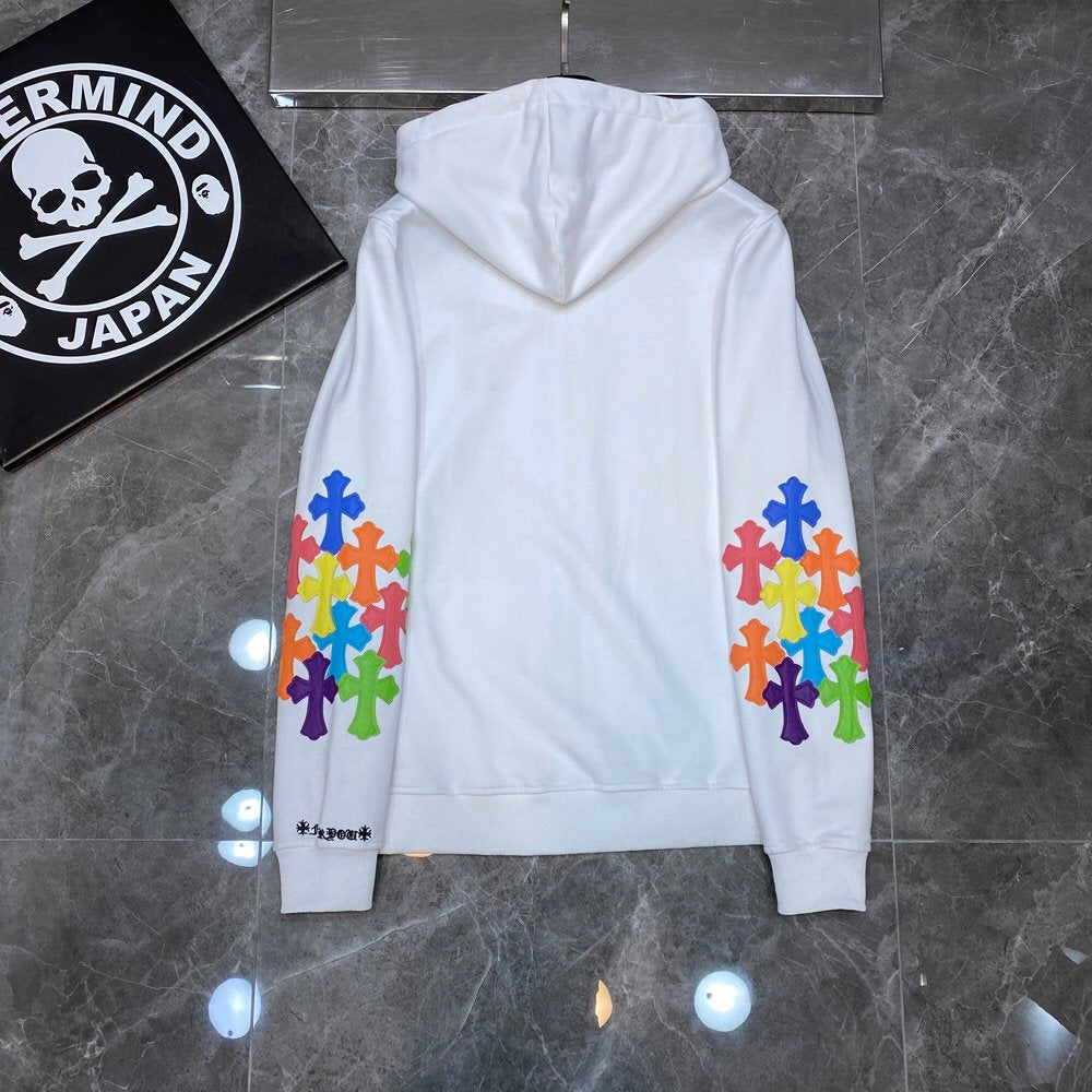 White chrome hearts jacket with colorful crosses
