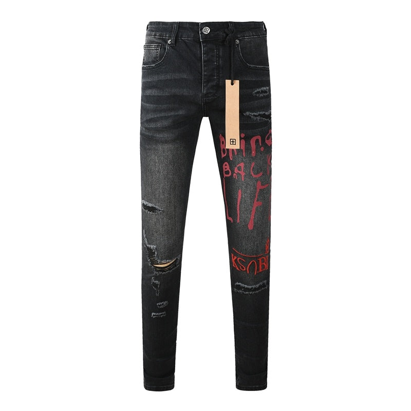 KSUBI denim black distressed skinny jeans red embroidered/screen print  writing