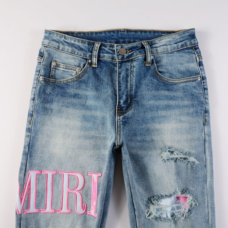 Amiri jeans blue denim with pink amiri patch
