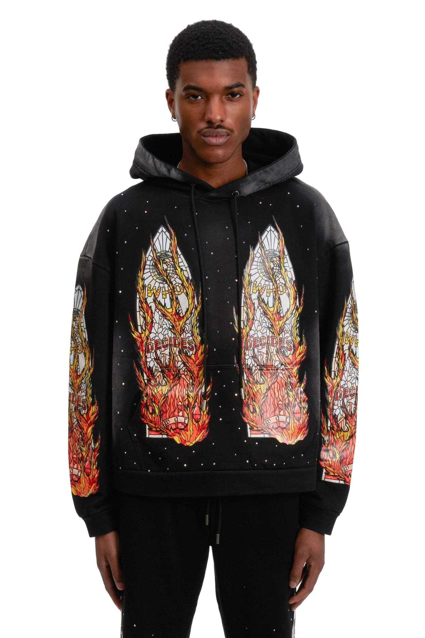 WHO DECIDES WAR black flame glass hoodie