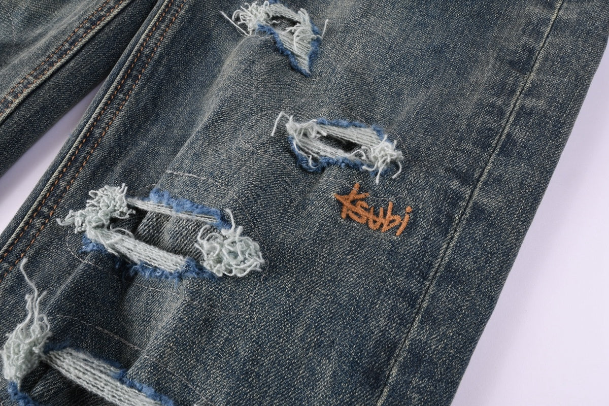 KSUBI denim dark blue ish brown  distressed skinny jeans