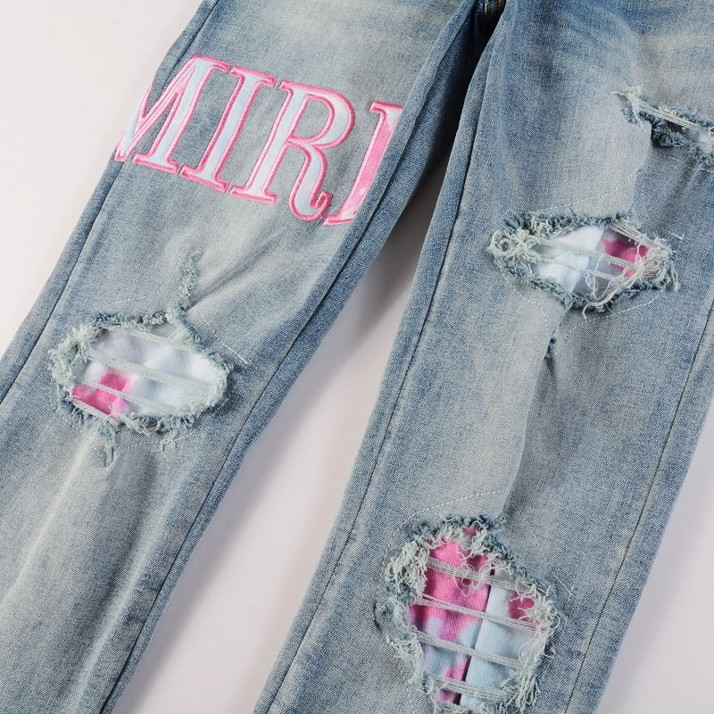 Amiri jeans blue denim with pink amiri patch