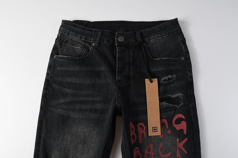KSUBI denim black distressed skinny jeans red embroidered/screen print  writing