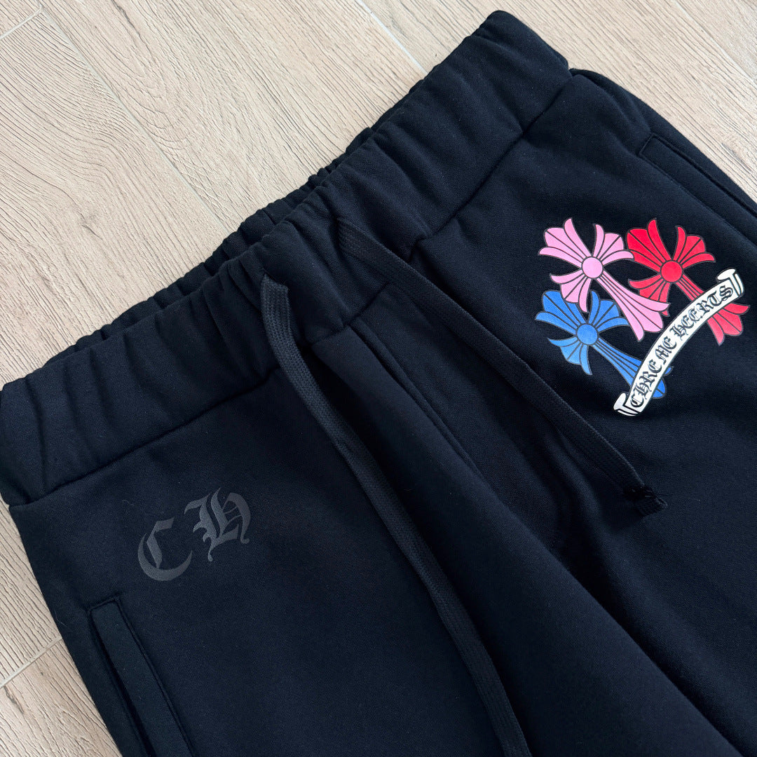 Black chrome hearts sweatpants with colorful crosses