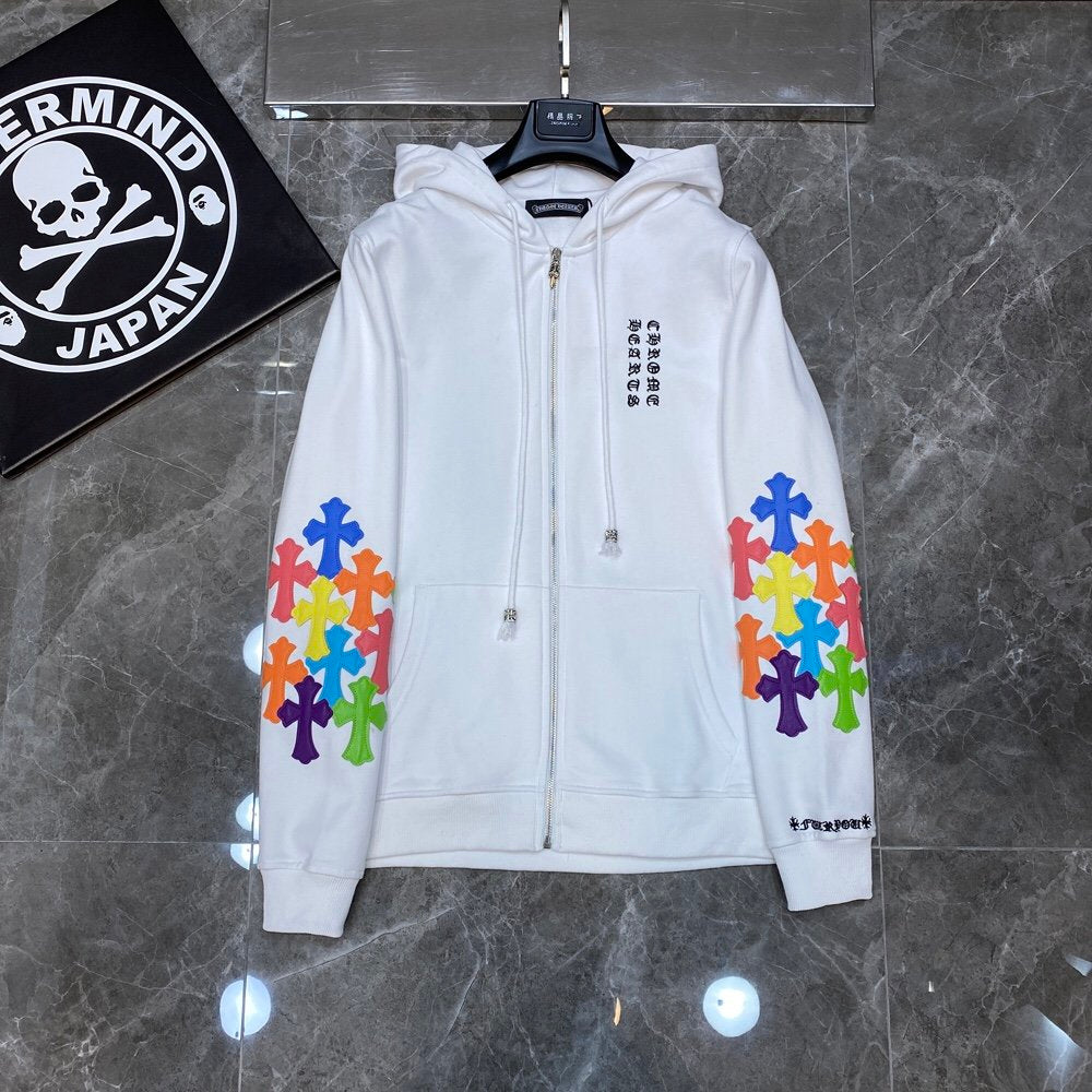 White chrome hearts jacket with colorful crosses