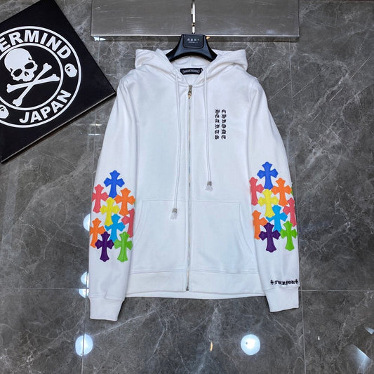 White chrome hearts jacket with colorful crosses