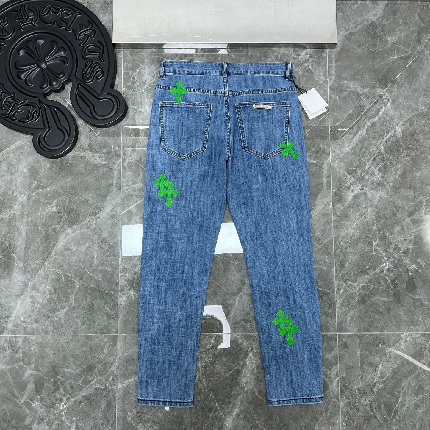 Chrome Hearts X Levi's Green Leather Patch 550 Made in USA Frayed Bottom Jeans