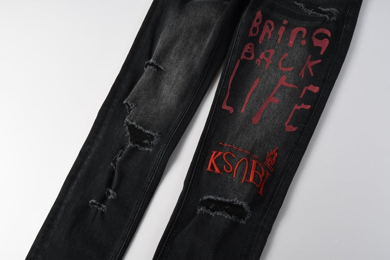 KSUBI denim black distressed skinny jeans red embroidered/screen print  writing