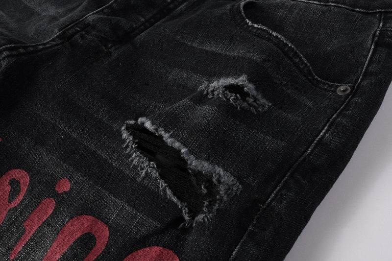 KSUBI denim black distressed skinny jeans red embroidered/screen print  writing