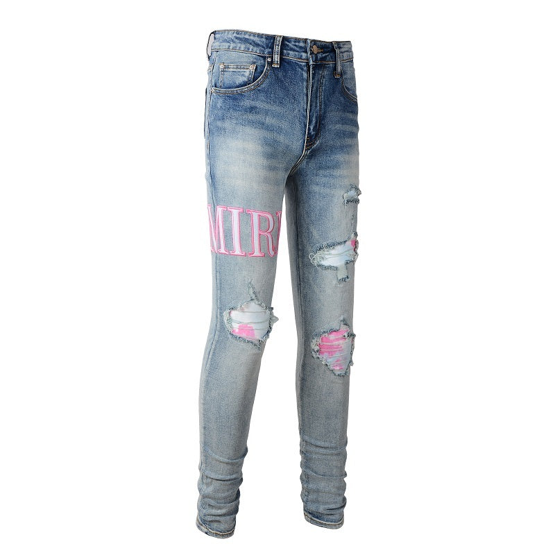 Amiri jeans blue denim with pink amiri patch