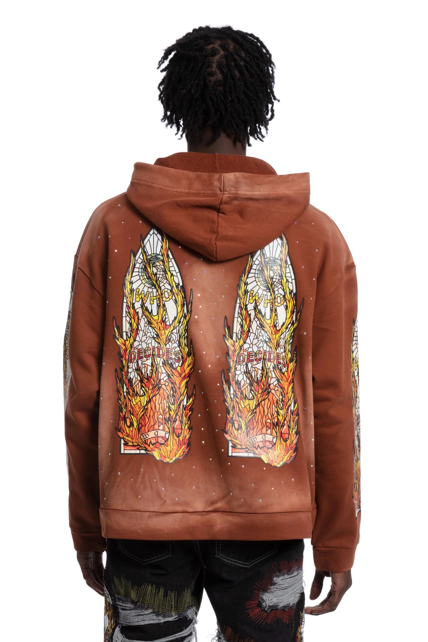 WHO DECIDES WAR orange  flame glass hoodie
