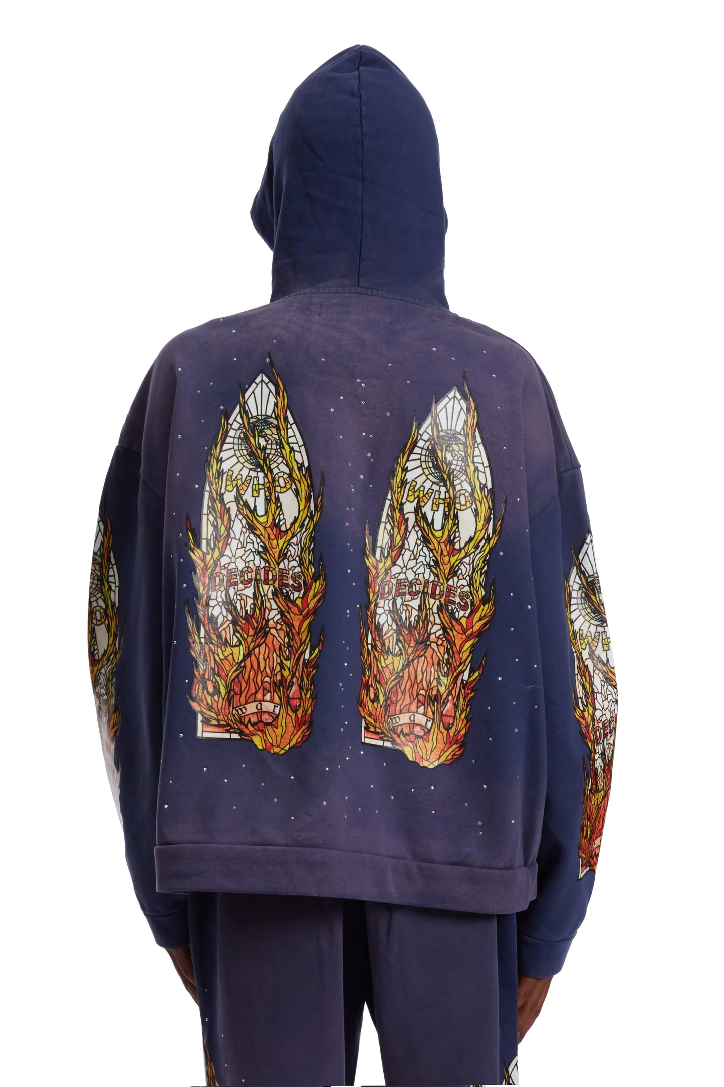 WHO DECIDES WAR pruple  flame glass hoodie