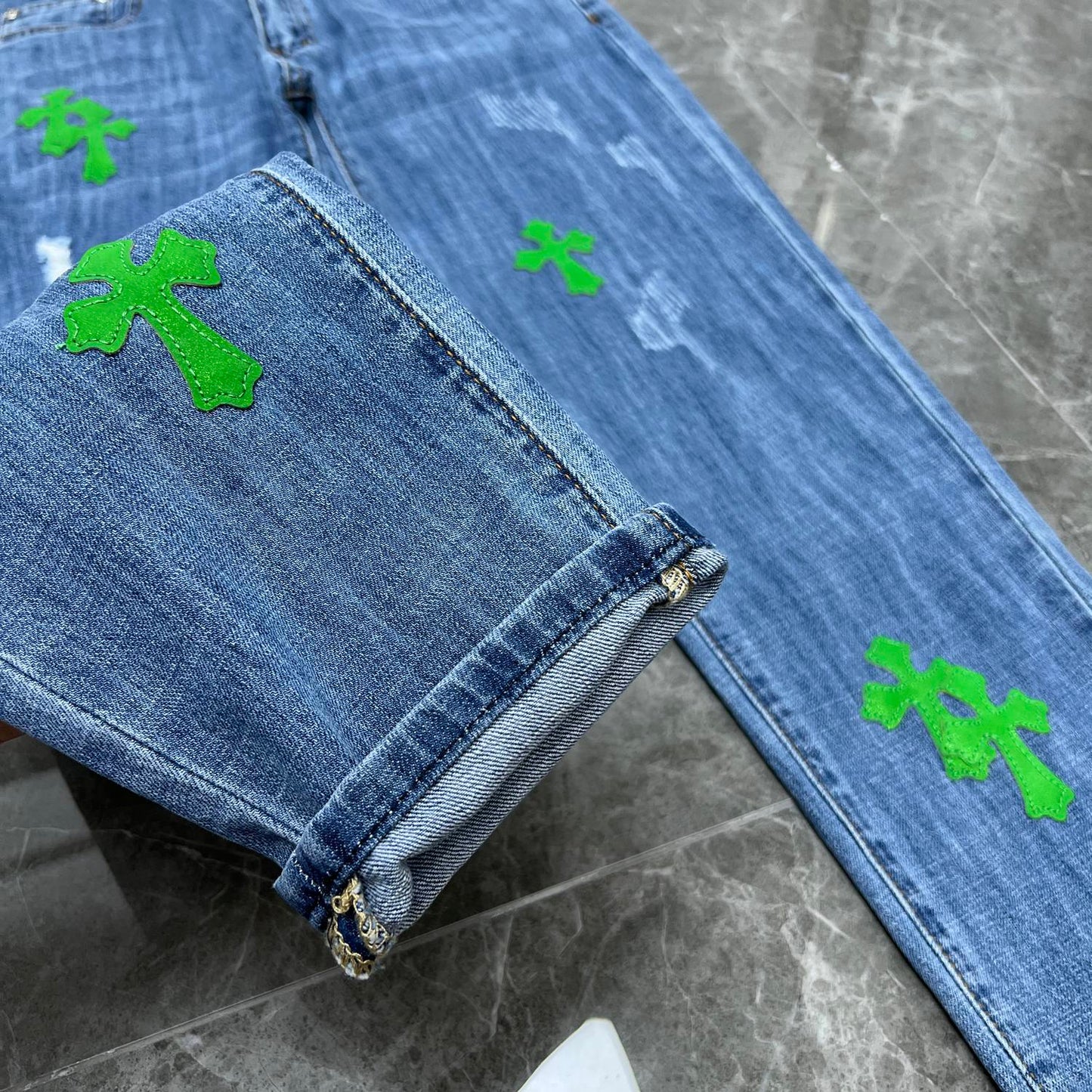 Chrome Hearts X Levi's Green Leather Patch 550 Made in USA Frayed Bottom Jeans