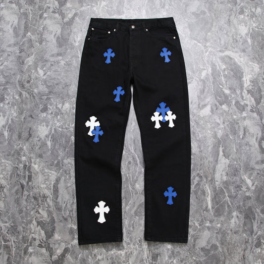 Chrome hearts jeans with colorful crosses