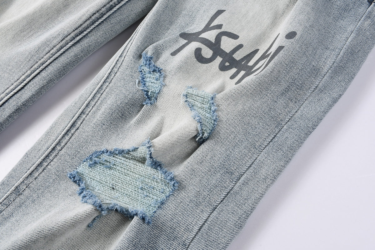 KSUBI denim light blue distressed skinny jeans with writing