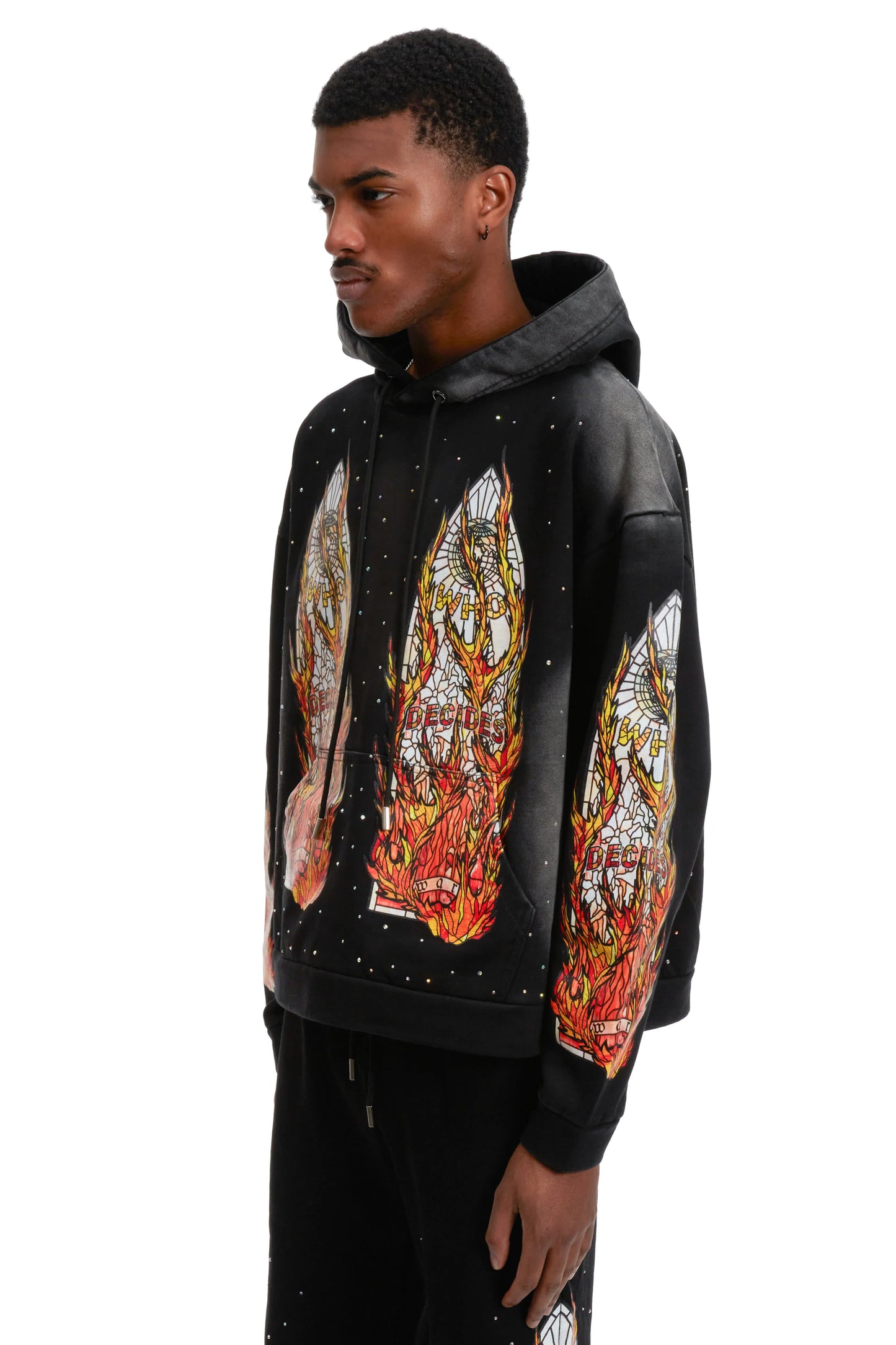 WHO DECIDES WAR black flame glass hoodie