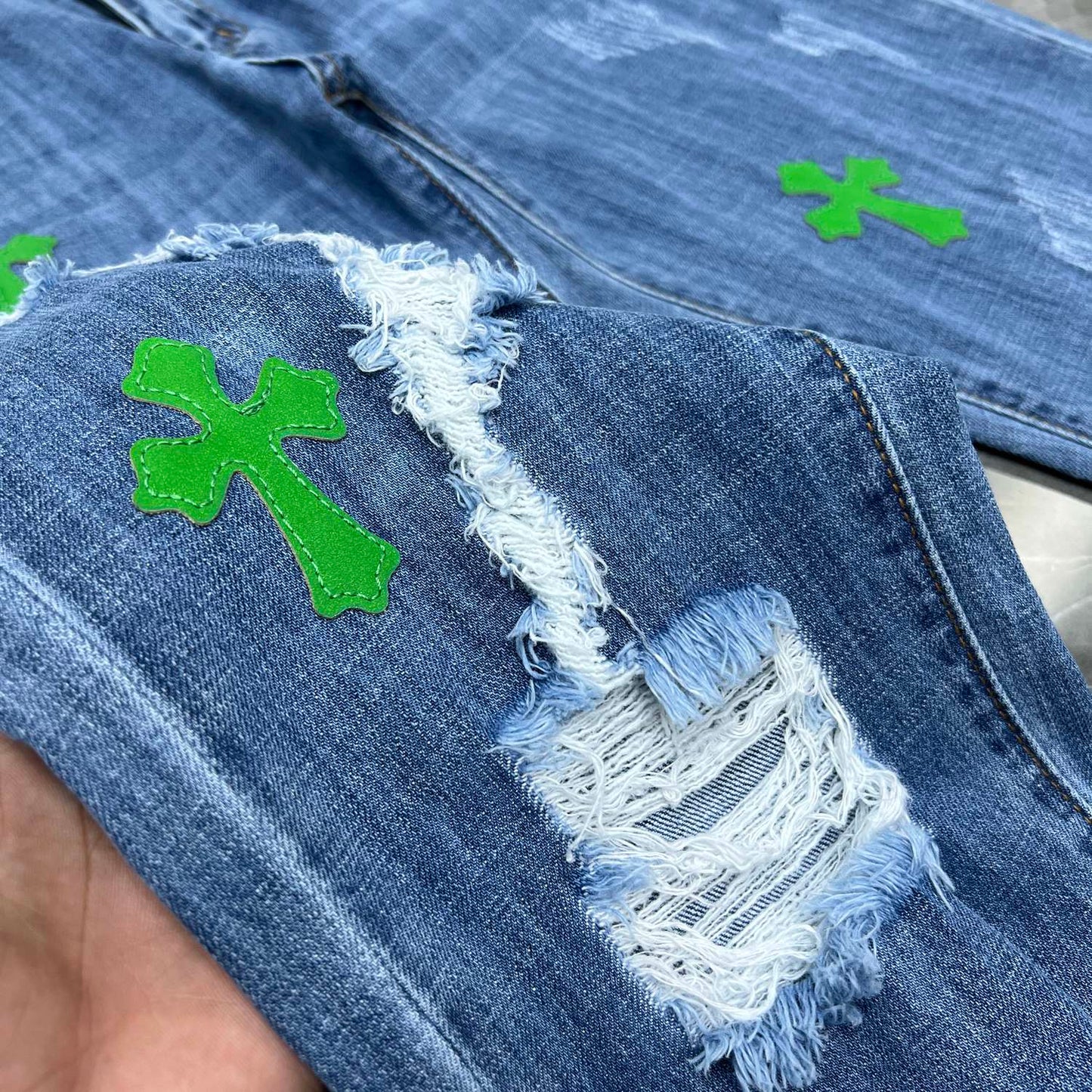 Chrome Hearts X Levi's Green Leather Patch 550 Made in USA Frayed Bottom Jeans