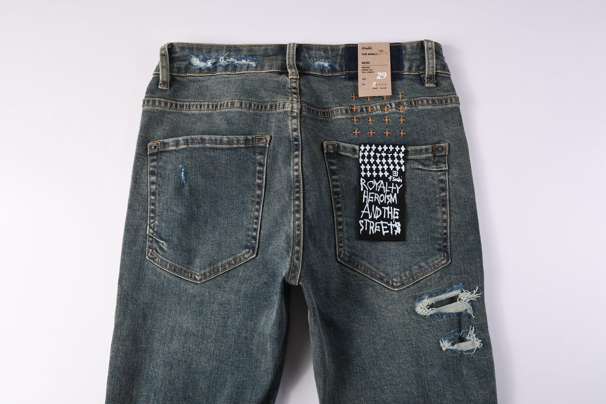 KSUBI denim dark blue ish brown  distressed skinny jeans