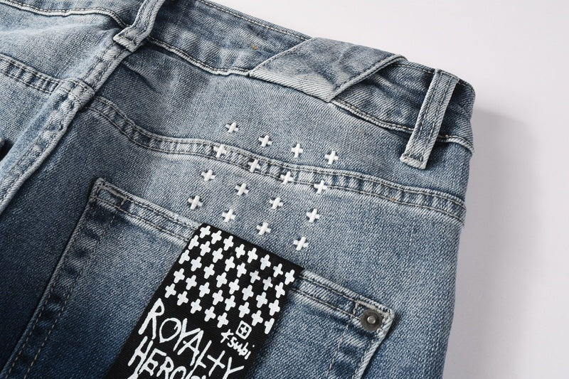 KSUBI denim dark blue lightly  distressed skinny jeans with white writing