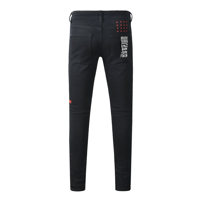 KSUBI denim black distressed skinny jeans red embroidered writing