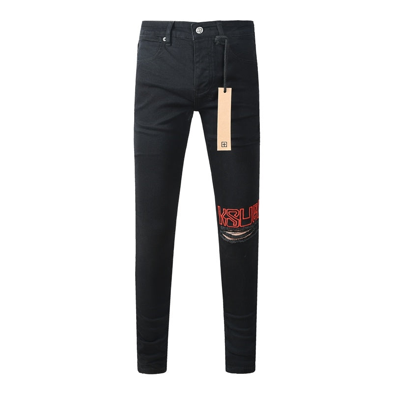 KSUBI denim black distressed skinny jeans red embroidered writing