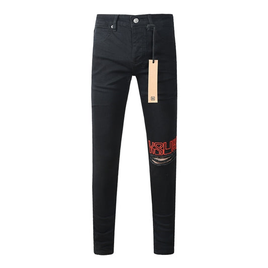 KSUBI denim black distressed skinny jeans red embroidered writing