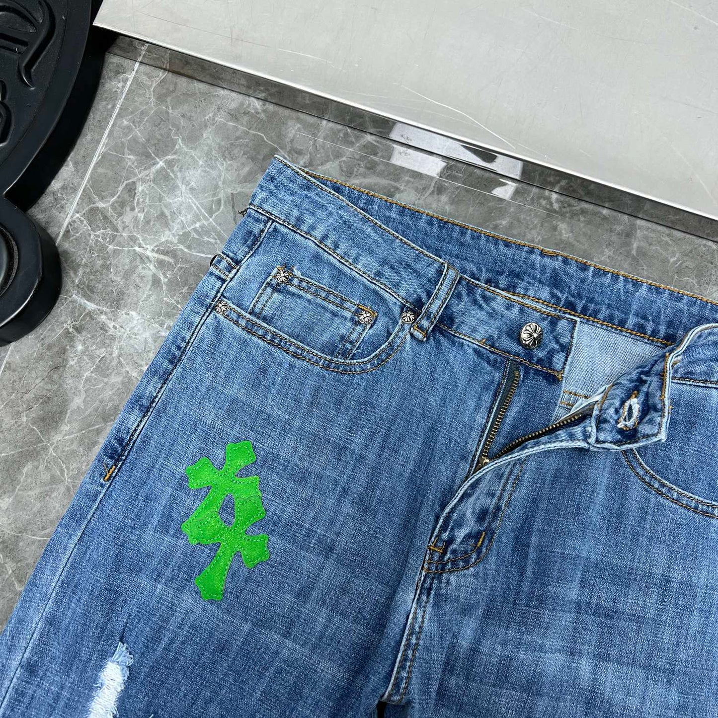 Chrome Hearts X Levi's Green Leather Patch 550 Made in USA Frayed Bottom Jeans