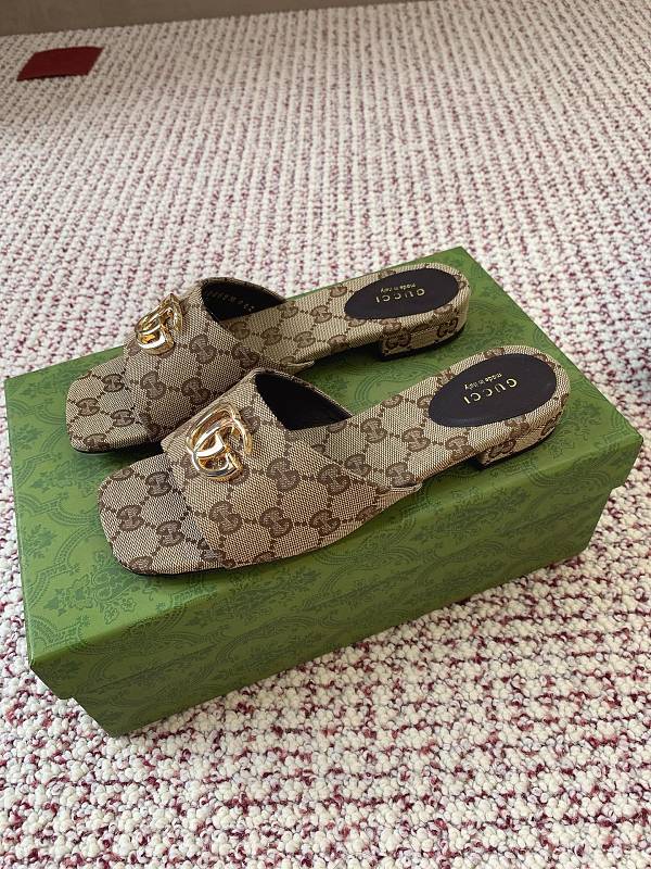 Gucci Women's Slide Sandals in sand and dark brown GG canvas.