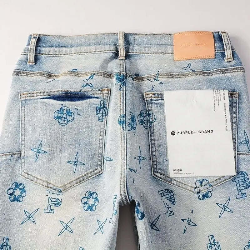 Purple new slim-fit hand-painted printed pants light blue