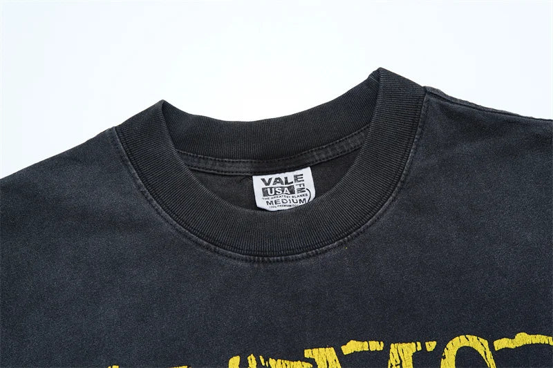 Vale European And American Fashion Pure Cotton Printed Retro Washed Round Neck Black Short Sleeved Shirt