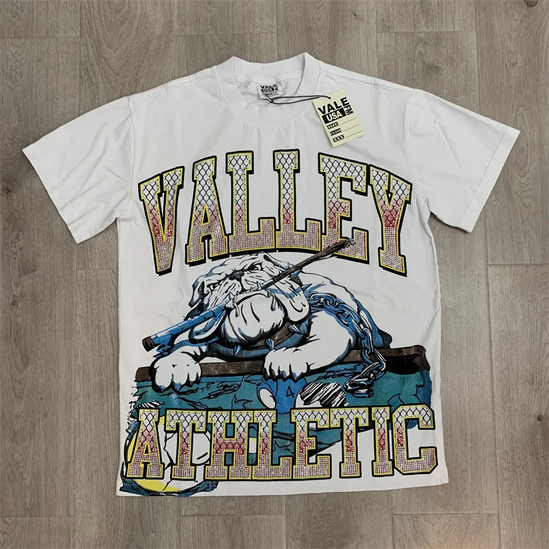Vale Hot Diamond Washed Water Horse Willow Used Cotton Short sleeved T-shirt
