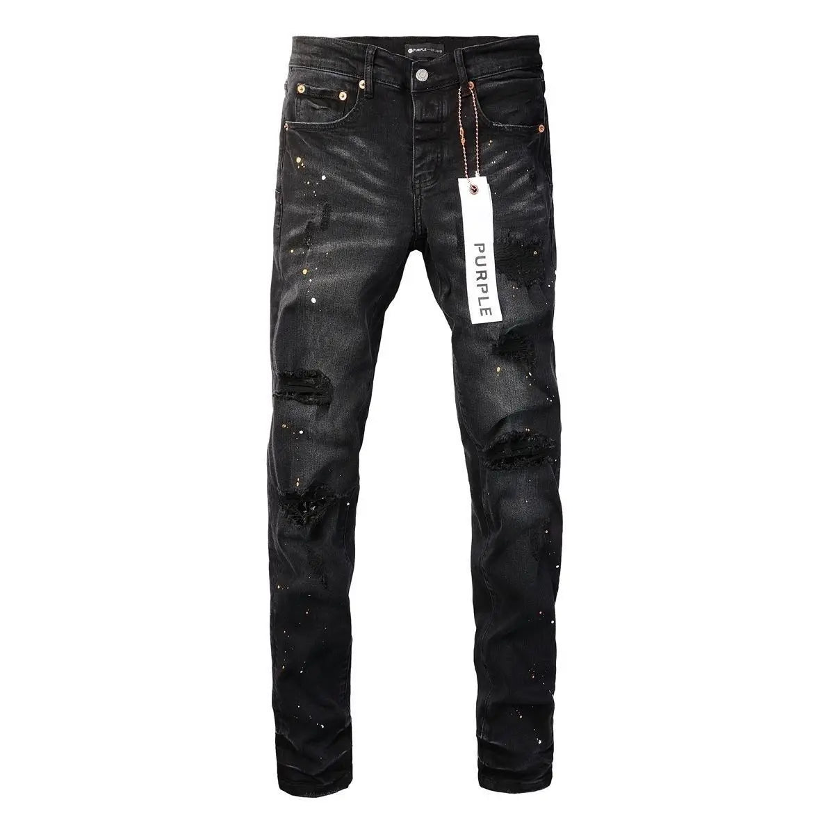Purple New Men's Knee Ripped Straight Jeans American High Street Inkjet Black Stretch MEN JEANS