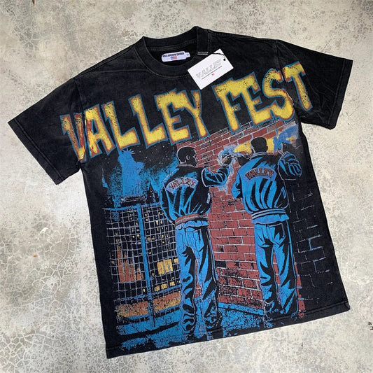VALE2025 Retro Washed City Wall Poster Printed Fashion T-shirt