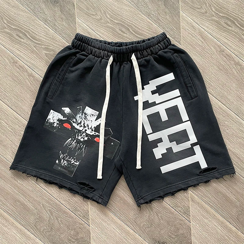 Vertabrae verty Three-dimensional printed black ripped sports shorts"