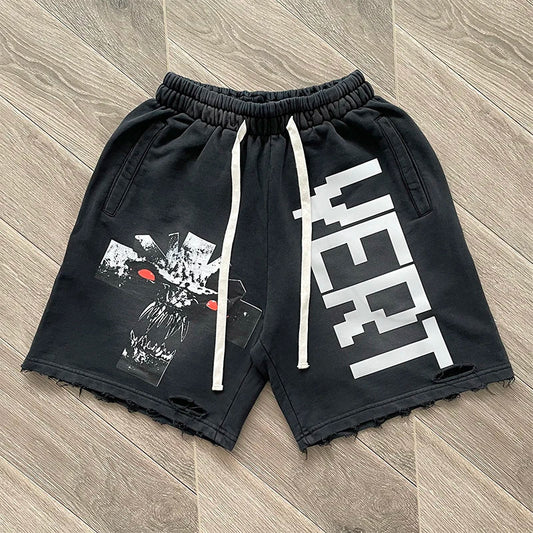 Vertabrae verty Three-dimensional printed black ripped sports shorts"