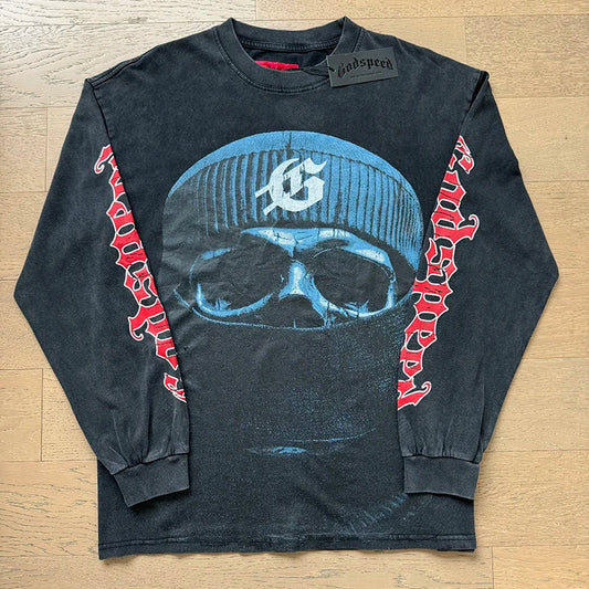 1097 # Godspeed Fashion Retro Washed Street Cotton Loose Long Sleeve T-shirt