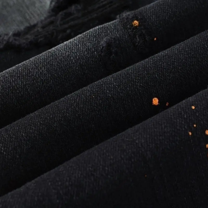 Purple New Men's Knee Ripped Straight Jeans American High Street Inkjet Black Stretch MEN JEANS