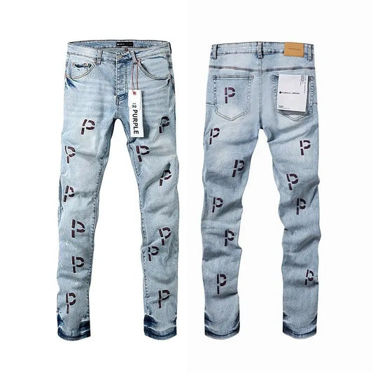 Purple Jeans American High Street Ripped Patch Paint Point Trendy Retro Small Foot Jeans