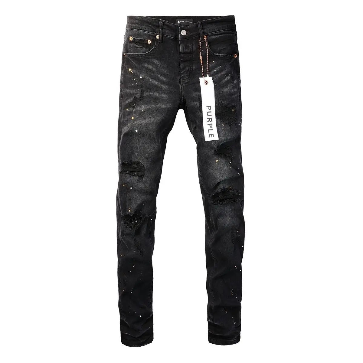 Purple New Men's Knee Ripped Straight Jeans American High Street Inkjet Black Stretch MEN JEANS