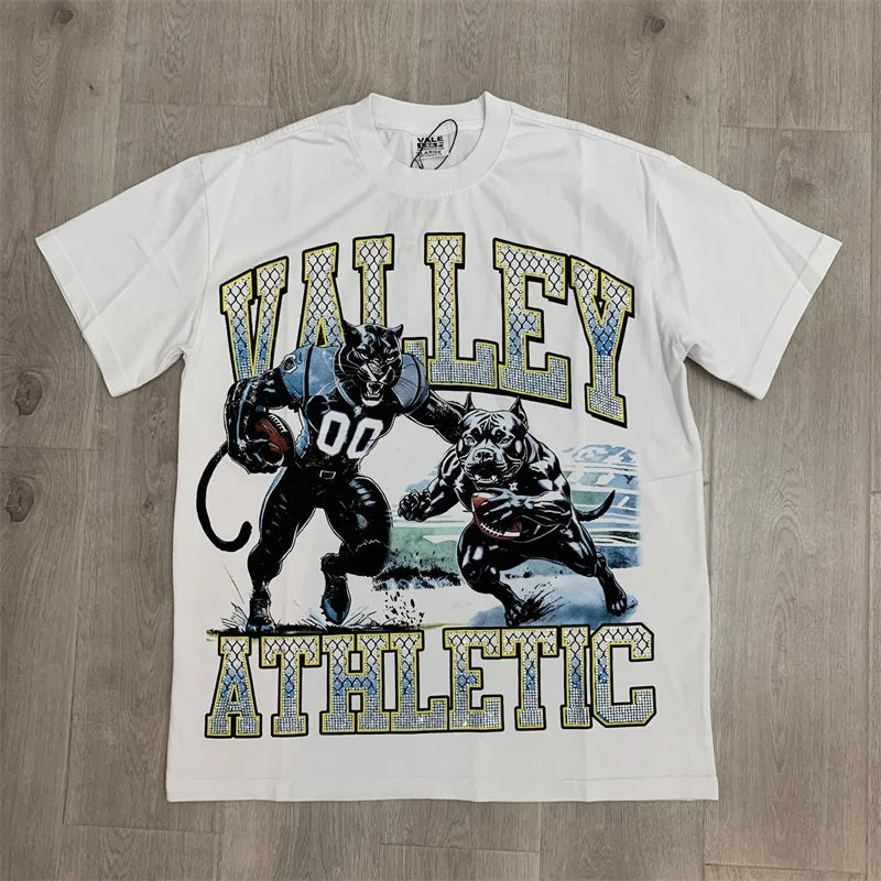 Vale Hot Diamond Washed Water Horse Willow Used Cotton Short sleeved T-shirt