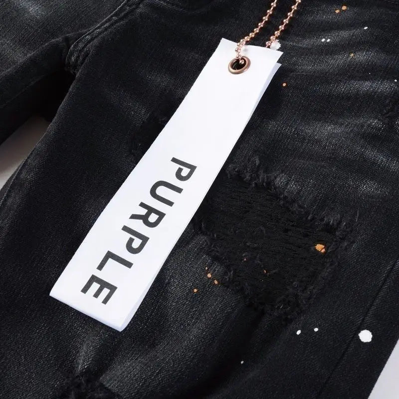 Purple New Men's Knee Ripped Straight Jeans American High Street Inkjet Black Stretch MEN JEANS