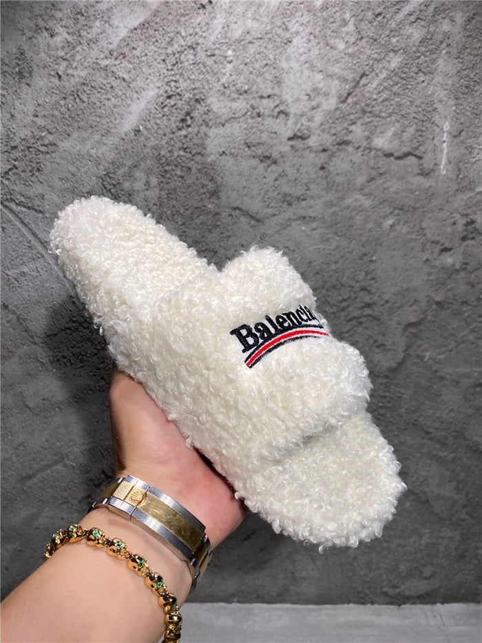 Balenciaga black furry slides white
