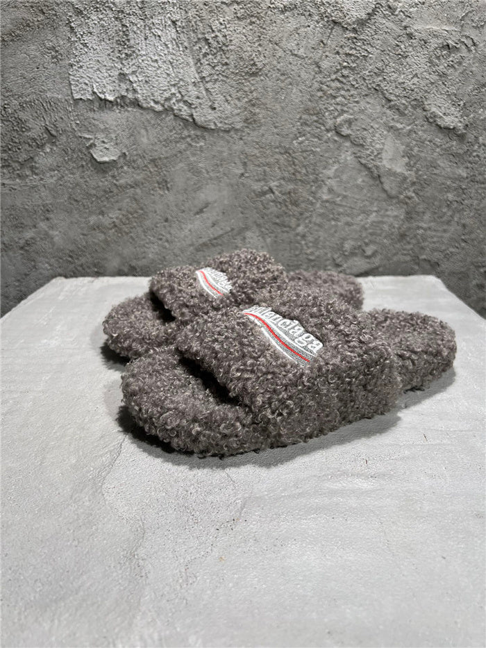Balenciaga black furry slides gray