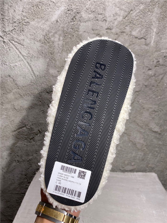 Balenciaga black furry slides white
