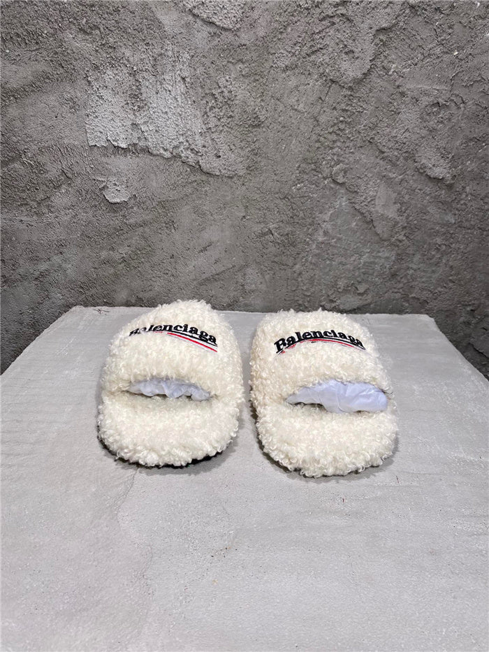 Balenciaga black furry slides white